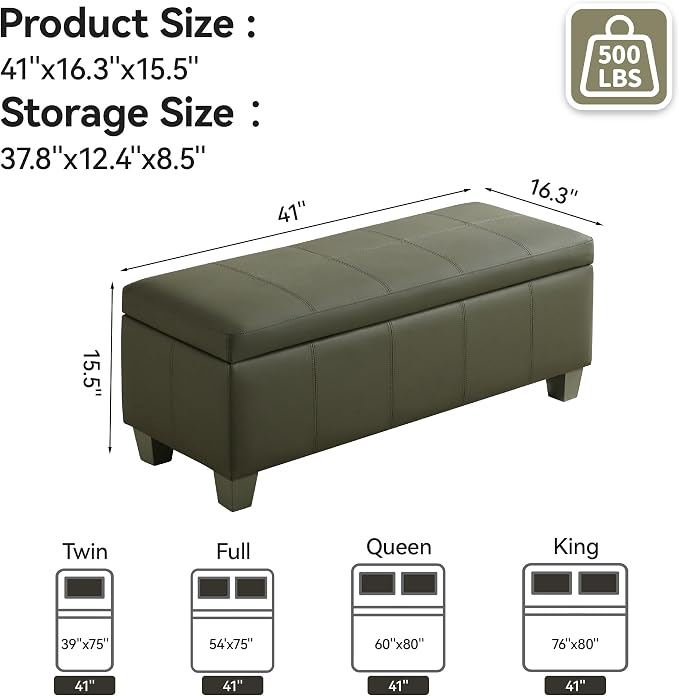 41" Faux Leather Storage Ottoman, Stitch Tufted Rectangle Upholstered En...