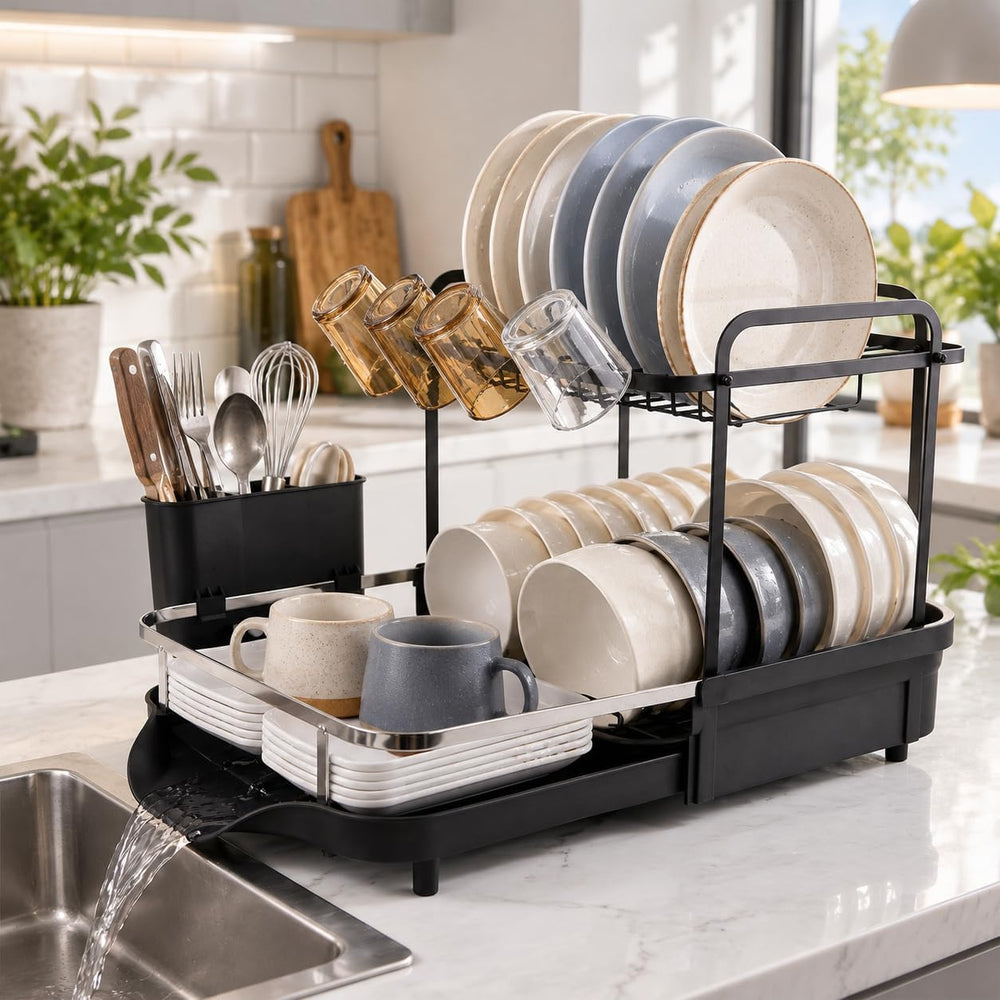 Dish Drying Rack for Kitchen Counter, Expandable 2-Tier Dish Drainer