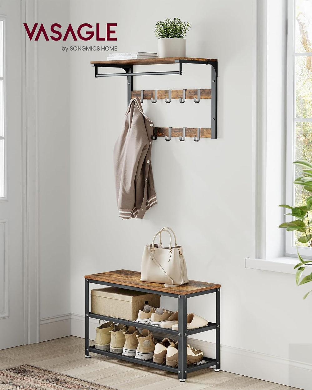 VASAGLE 3-Tier Shoe Rack, Storage Bench with Metal Mesh Shelves and Seat