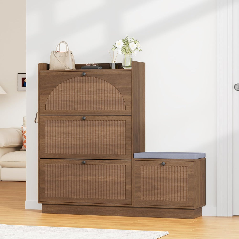 Shoe Cabinet with Bench, 4‑Flip Drawer Fluted Shoe Storage Cabinet with Remov...