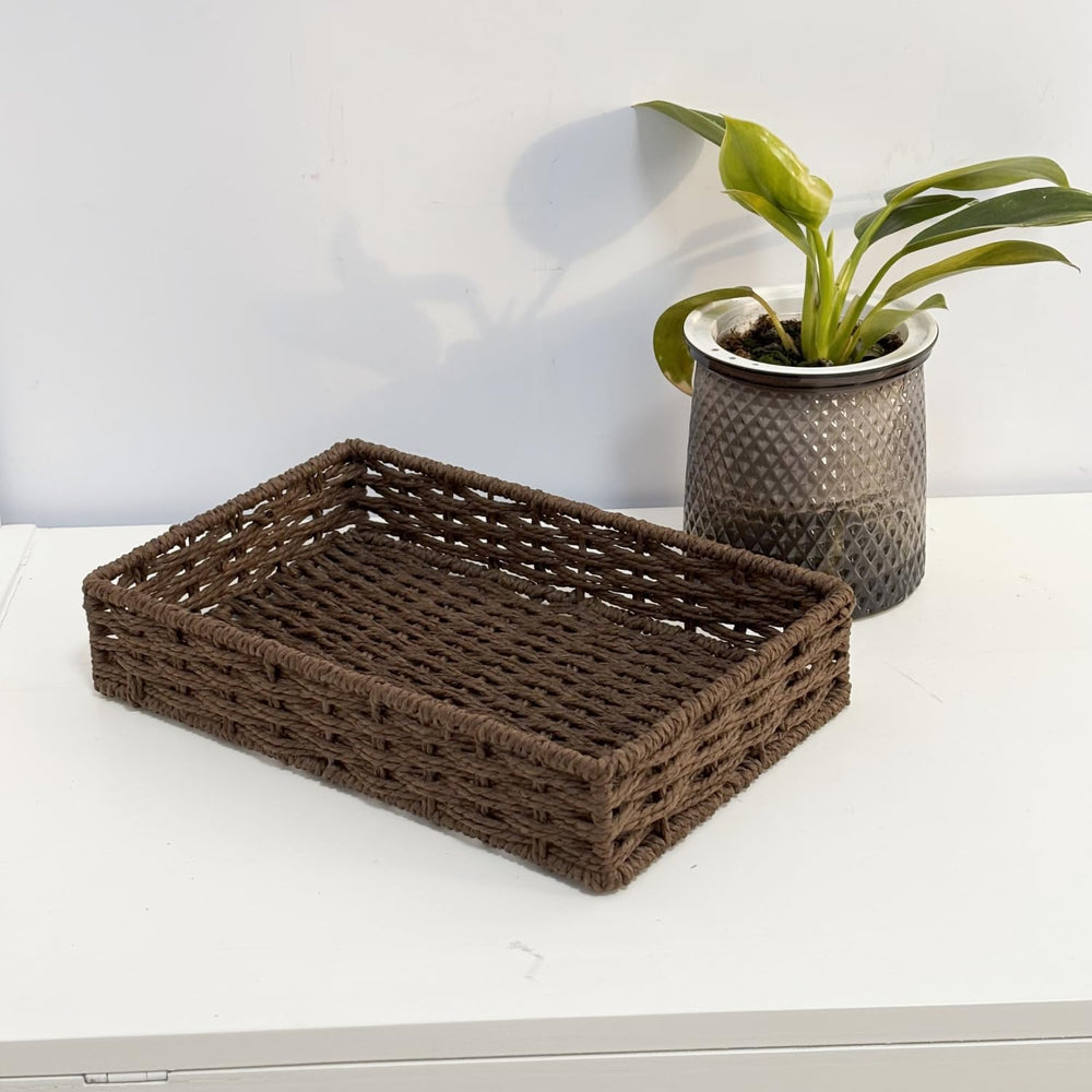 4PCS Small Woven Paper Rope Shallow Basket Organizing,Dark Brown