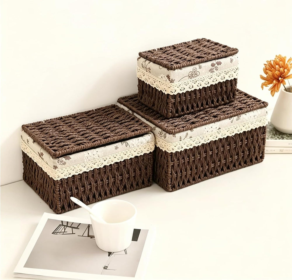 Wicker Storage Baskets with Lids, Set of 3 Nesting Natural Rattan Organizer B...