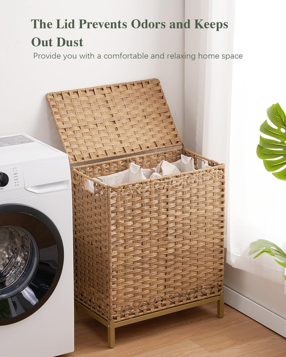 Laundry Hamper with Lid, 112 L Handwoven Rattan Wicker Laundry Basket, 2 Remo...