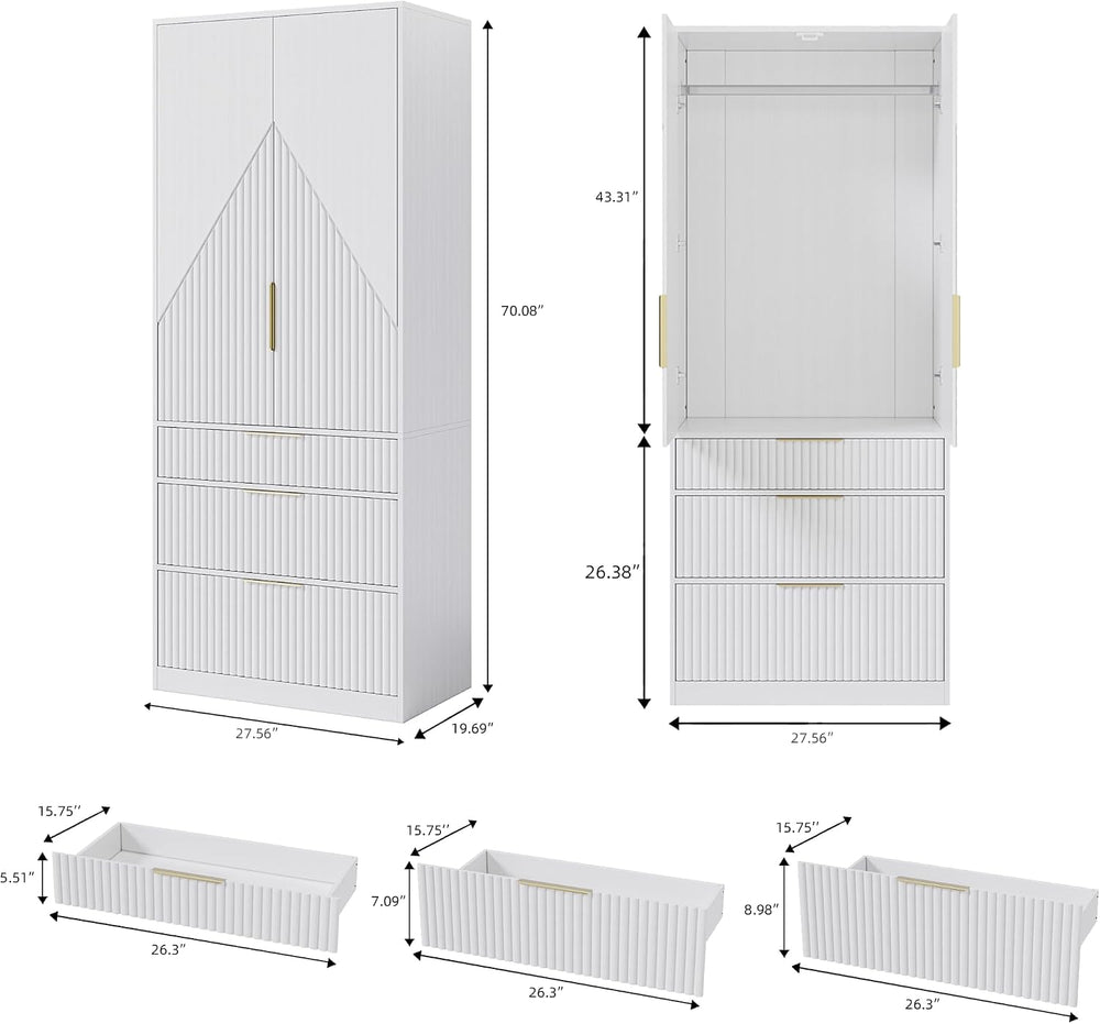 70" Wardrobe Armoire Wooden Closet with 2 Doors and 3 Drawers, Bedroom A...