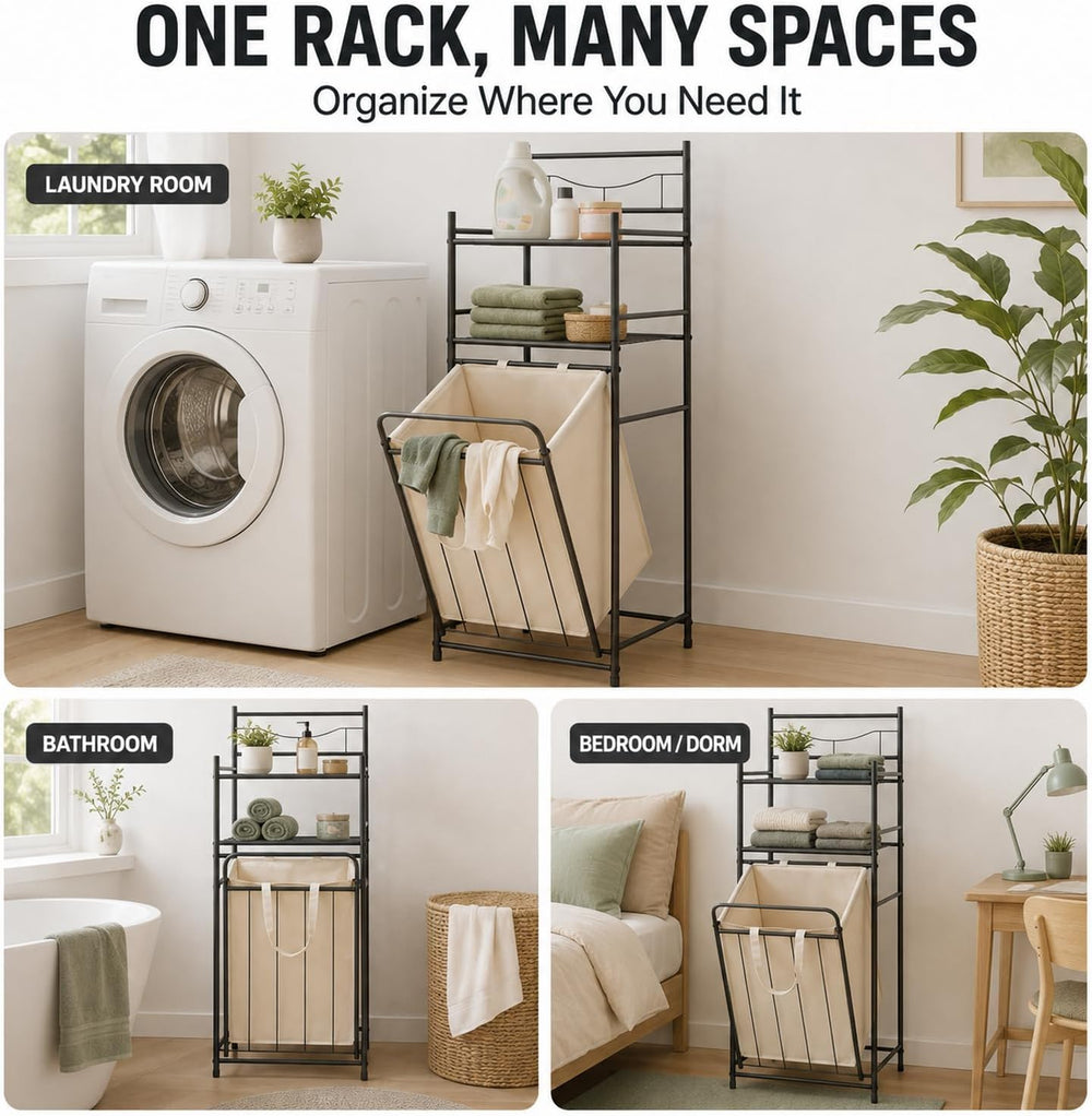 Tilt Out Laundry Hamper, 3-Tier Storage Basket with Removable Bag