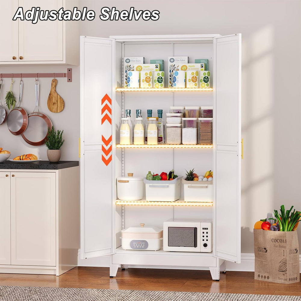 winiowa White Metal Kitchen Pantry Storage Cabinet with Doors and Shelves