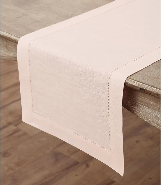 Solino Home Linen Pink Table Runner 90 Inches Long - 100% Pure Linen Hemstitc...