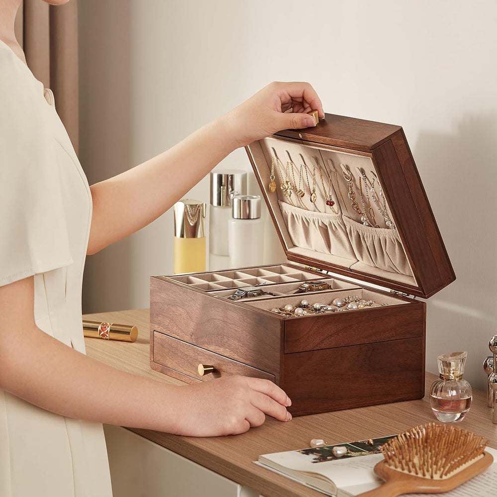 CHOSIN Black Walnut Wooden Jewelry Box for Women, 3 Level Multi-functional Dr...
