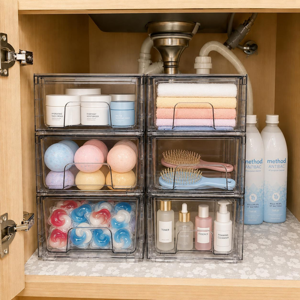4 Pack Stackable Storage Drawers with Handles, Easy Assembly Clear Acrylic Fr...