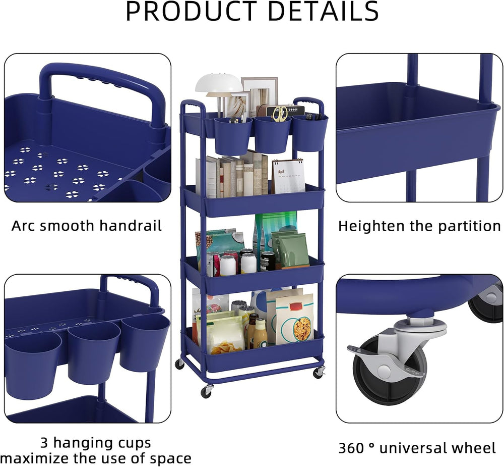 JIUYOTREE 4-Tier Plastic Rolling Storage Cart Utility Cart Blue