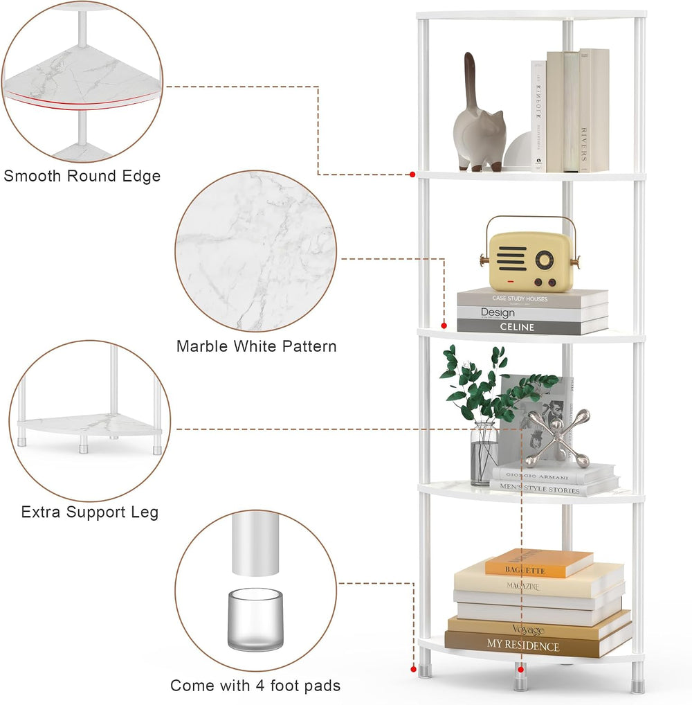 5 Tier Corner Shelf Stand, 44.1", Marble White