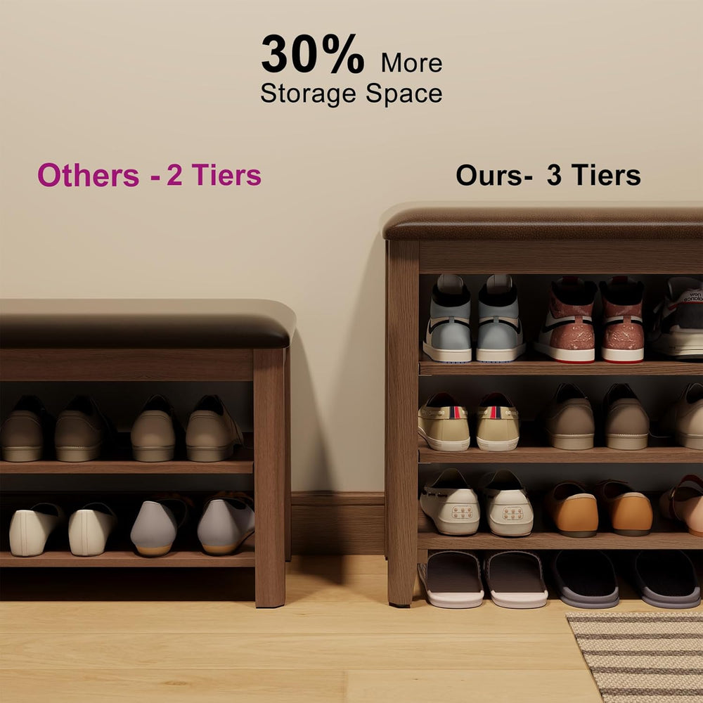 AQIMUELE Shoe Bench with Leather Cushion, 3 Tiers Shoe Storage Bench Height A...