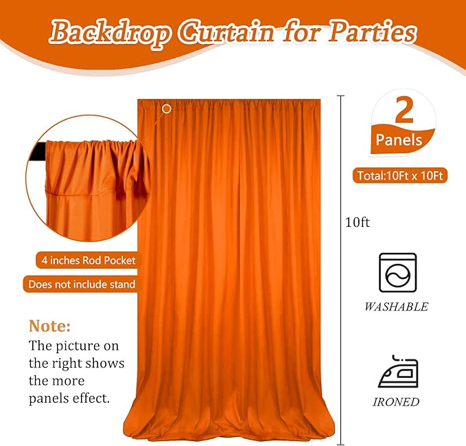 10 x 10 Feet Orange Backdrop Curtain for Partie, Background Curtains for Phot...