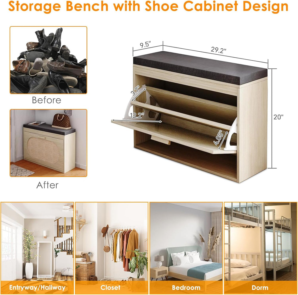 Shoe Storage Bench with Padded Seat Cushion, Hallway Bench Shoe Cabinet Shoe ...