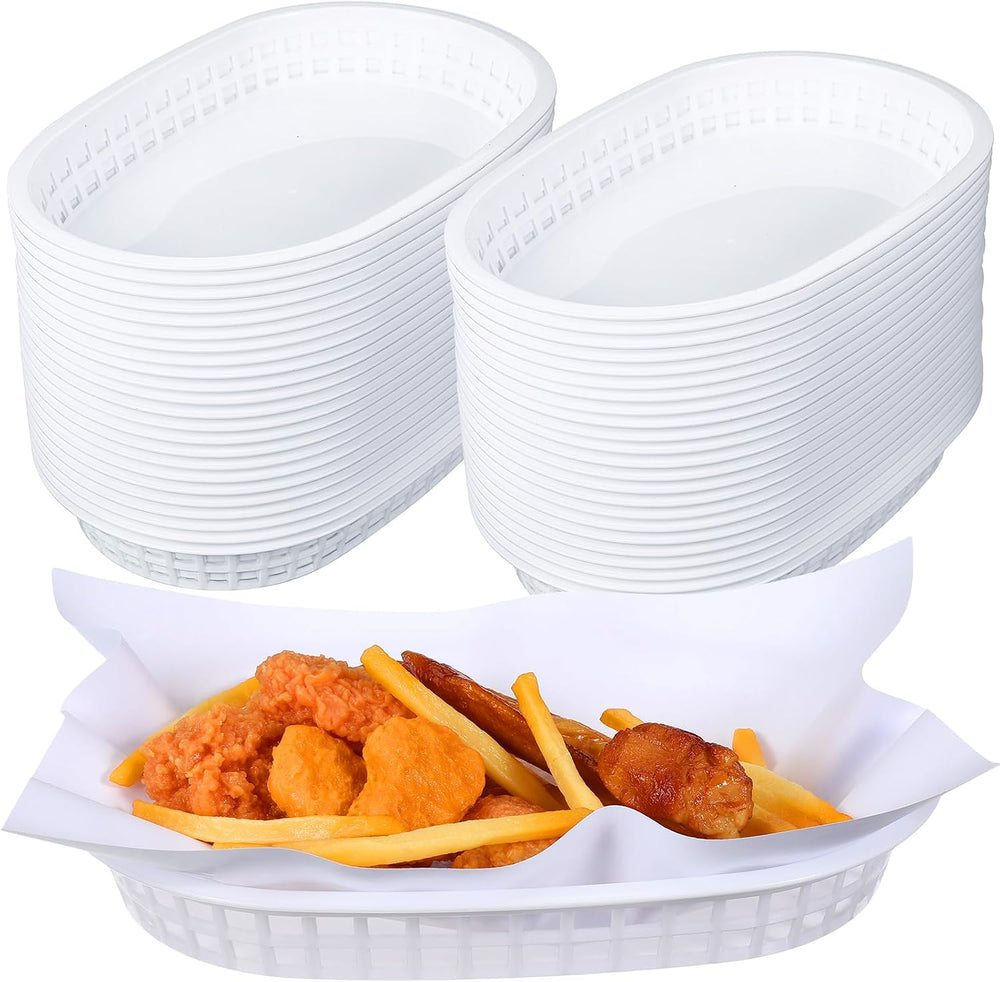 Hsei 50 Pack White Food Baskets, 10.5 x 7 Inch Plastic Fast Food Basket