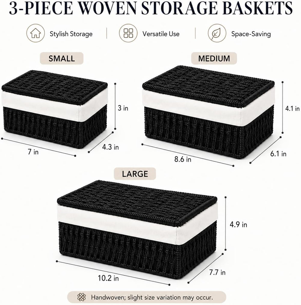 Woven Basket with Lid, Set of 3 Nesting Baskets - Black