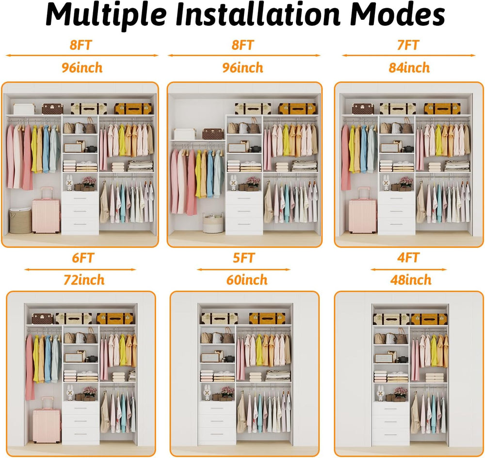 Closet System with Drawers, 5FT-8FT Closet Organizer System with 3 Cuttable S...
