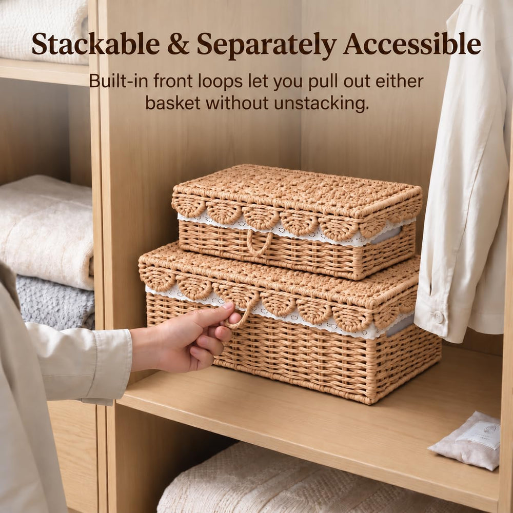 Scalloped Wicker Baskets with Lid, 2 Pack, 4 Liners, Paper Rattan