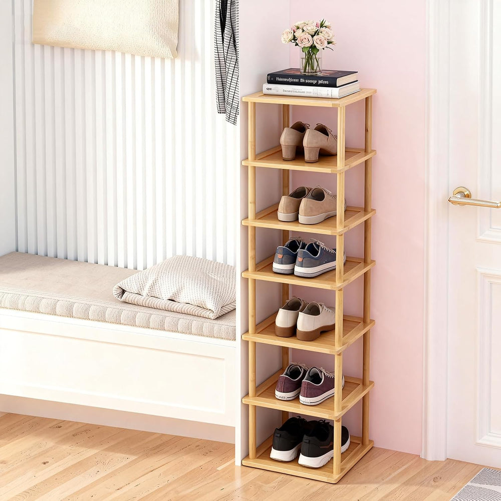 Aniston 7 Tier Bamboo Shoe Rack, Free Standing Slim Narrow Shoe Storage, Vert...
