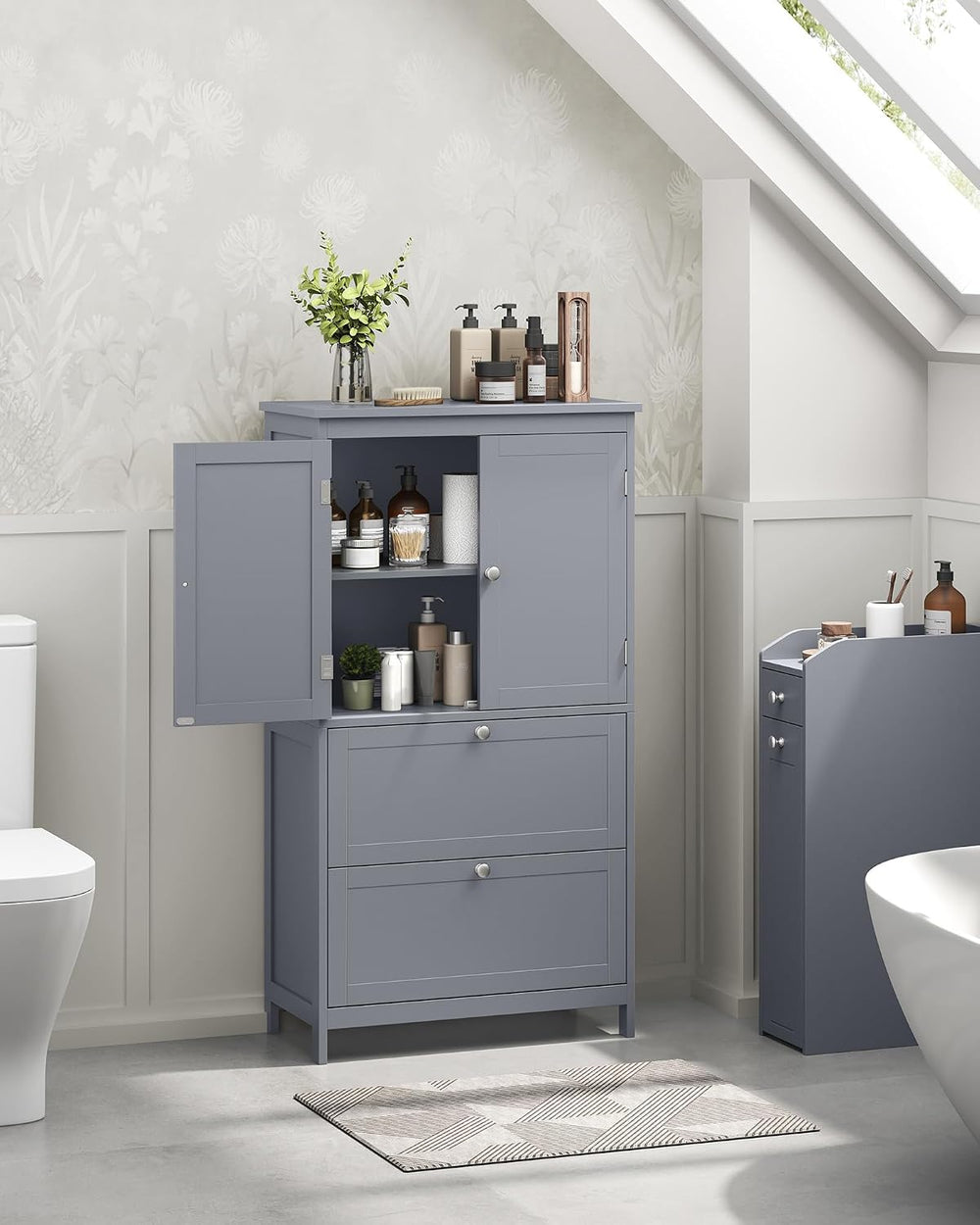 VASAGLE Bathroom Storage Cabinet with 2 Doors, 2 Drawers, Dove Gray