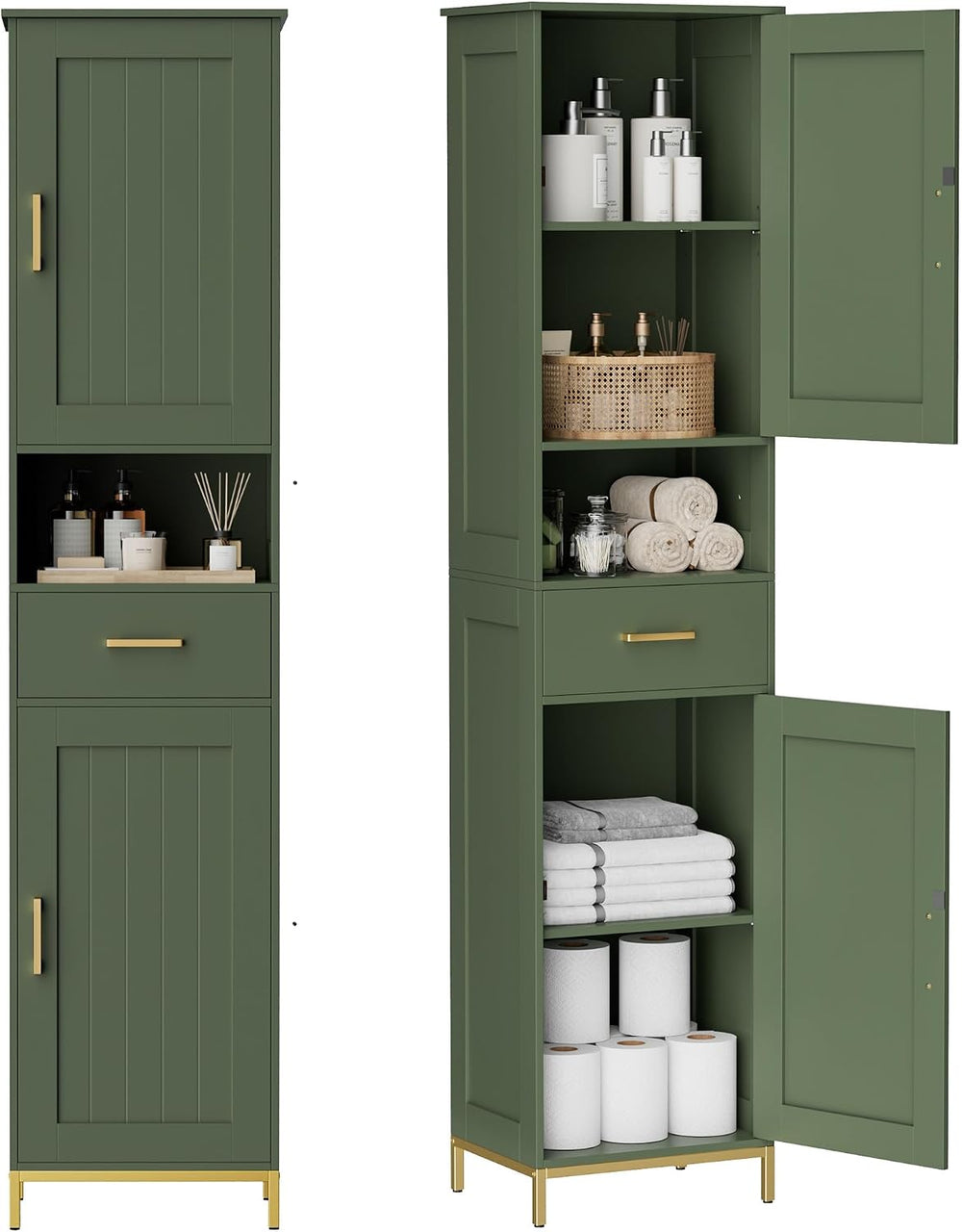 67" H Bathroom Storage Cabinet, Tall Bathroom Cabinet, Green