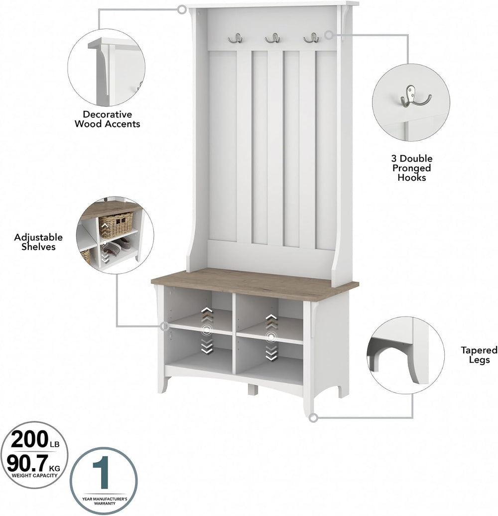 Bush Home Salinas Hall Tree with Shoe Storage Bench in Shiplap Gray and Pure ...