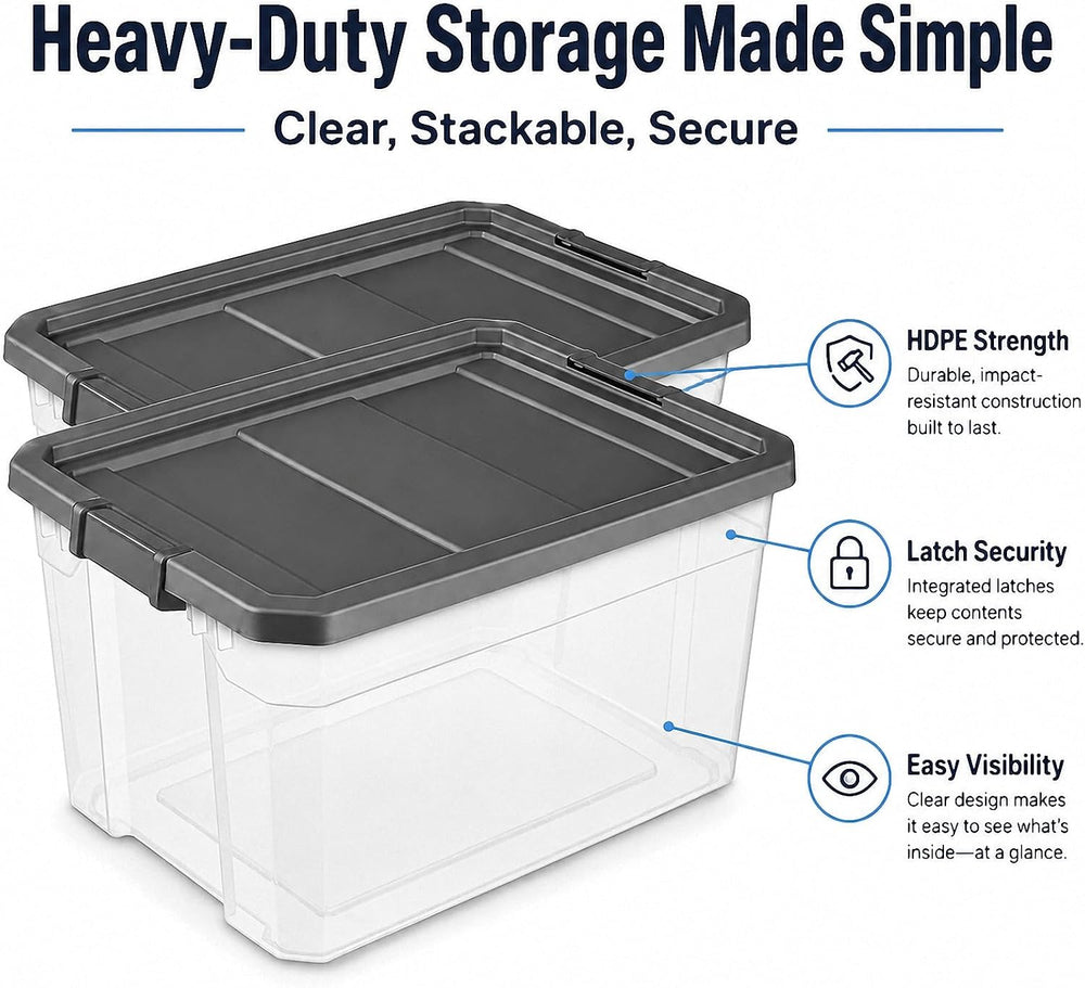 76 Quart Heavy Duty Clear Plastic Storage Bins with Latch Lids, 2 Pack