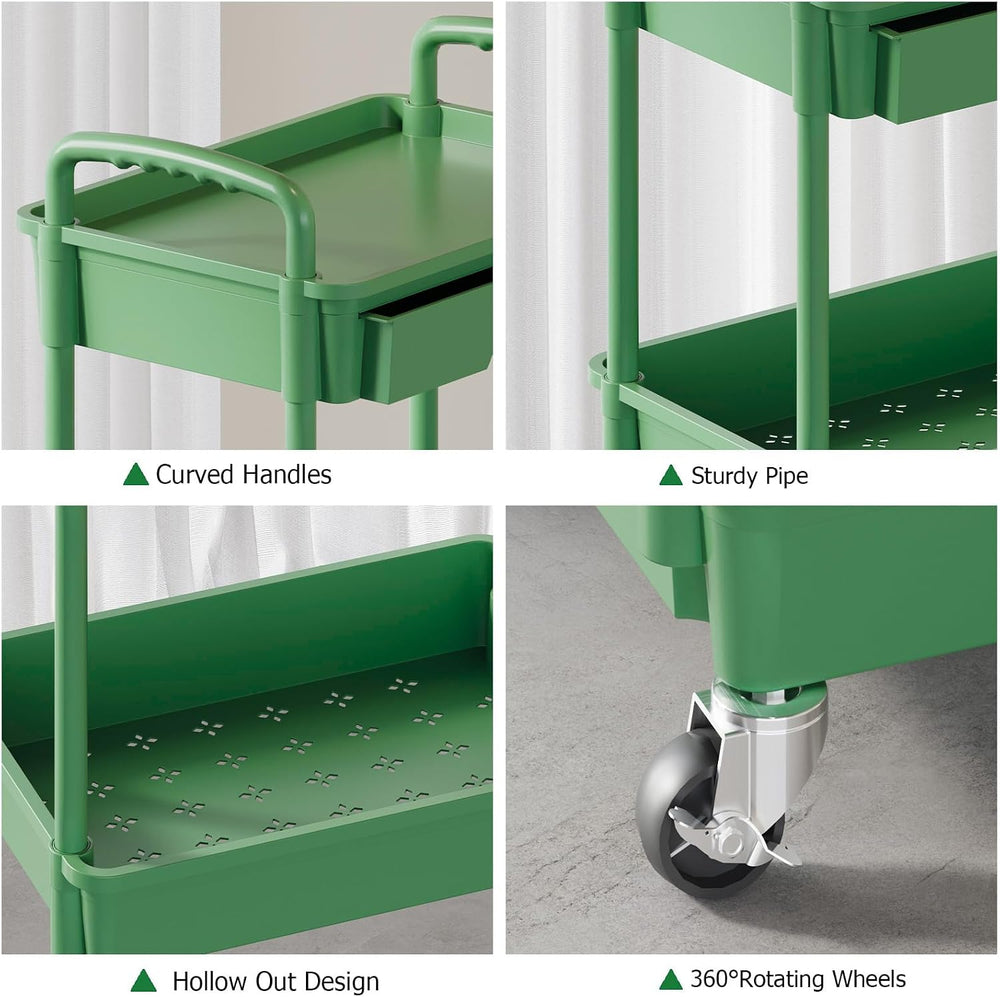 4 Tier Rolling Utility Cart with Drawer, Plastic Storage Organizer Rolling Ca...