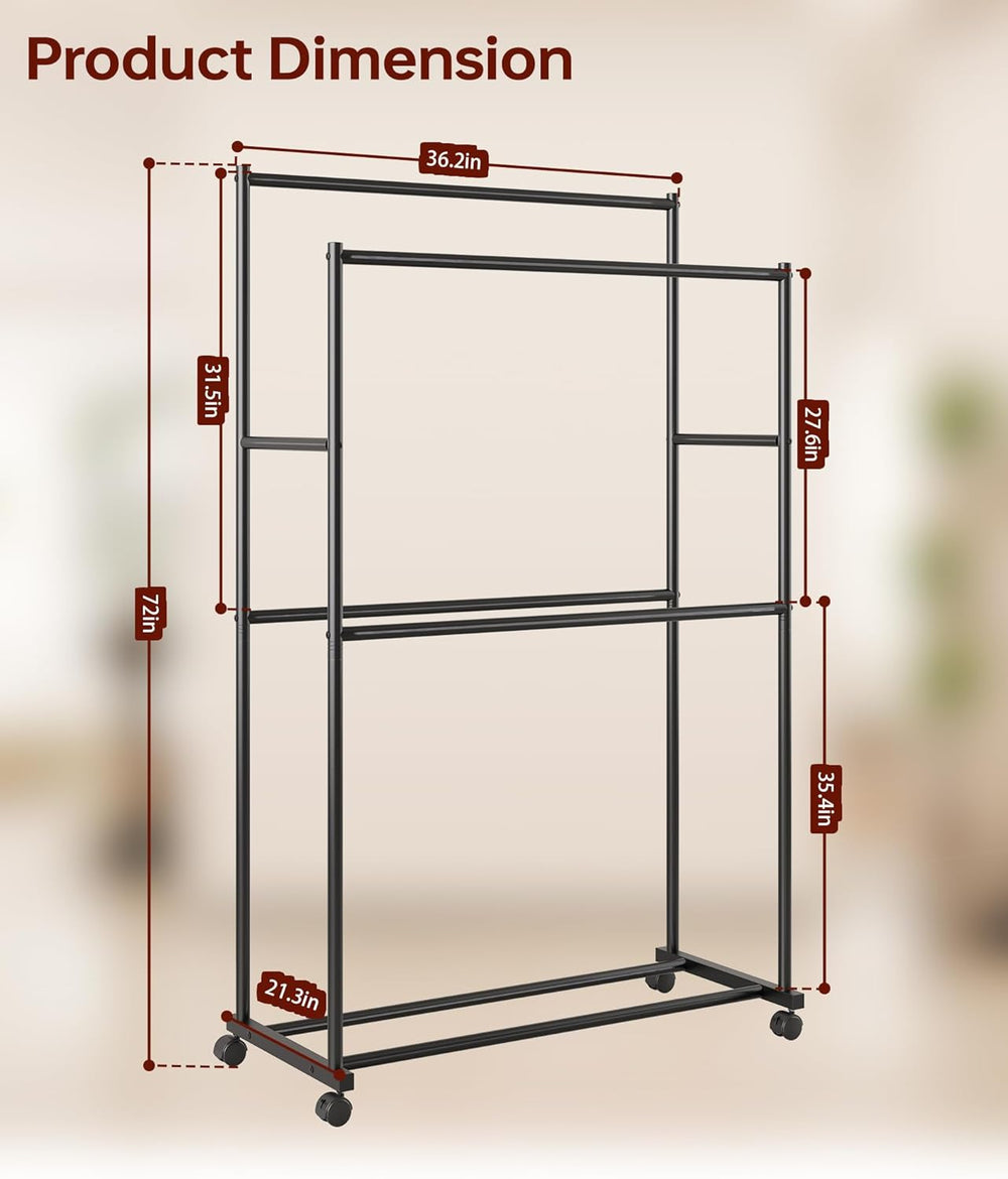 Clothes Rack - 36.2" x 21.3" x 72", 4-Bar Double Rod Rolling M...