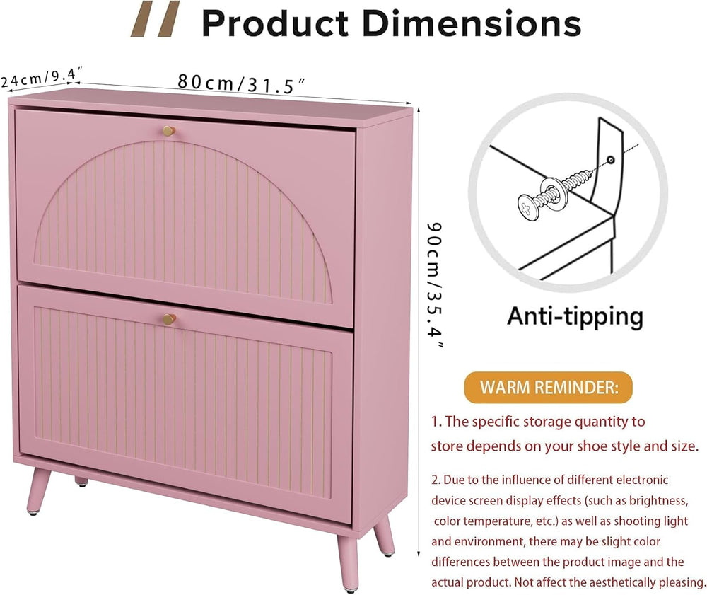 Fsbecl Shoe Storage Cabinet for Entryway with 2 Fluted Flip Drawers, Pink