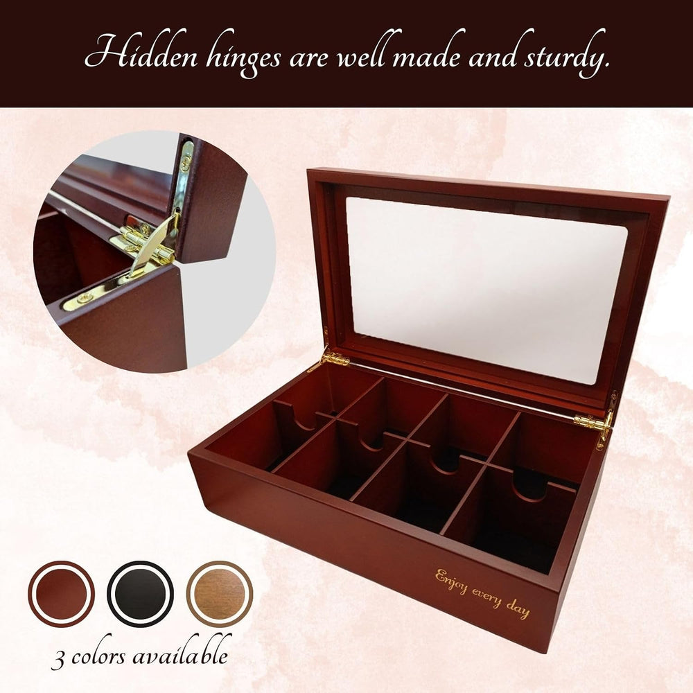 BJOYFUL&LOVED Wooden Tea Box with Glass Lid, 8-Compartment, Walnut Color