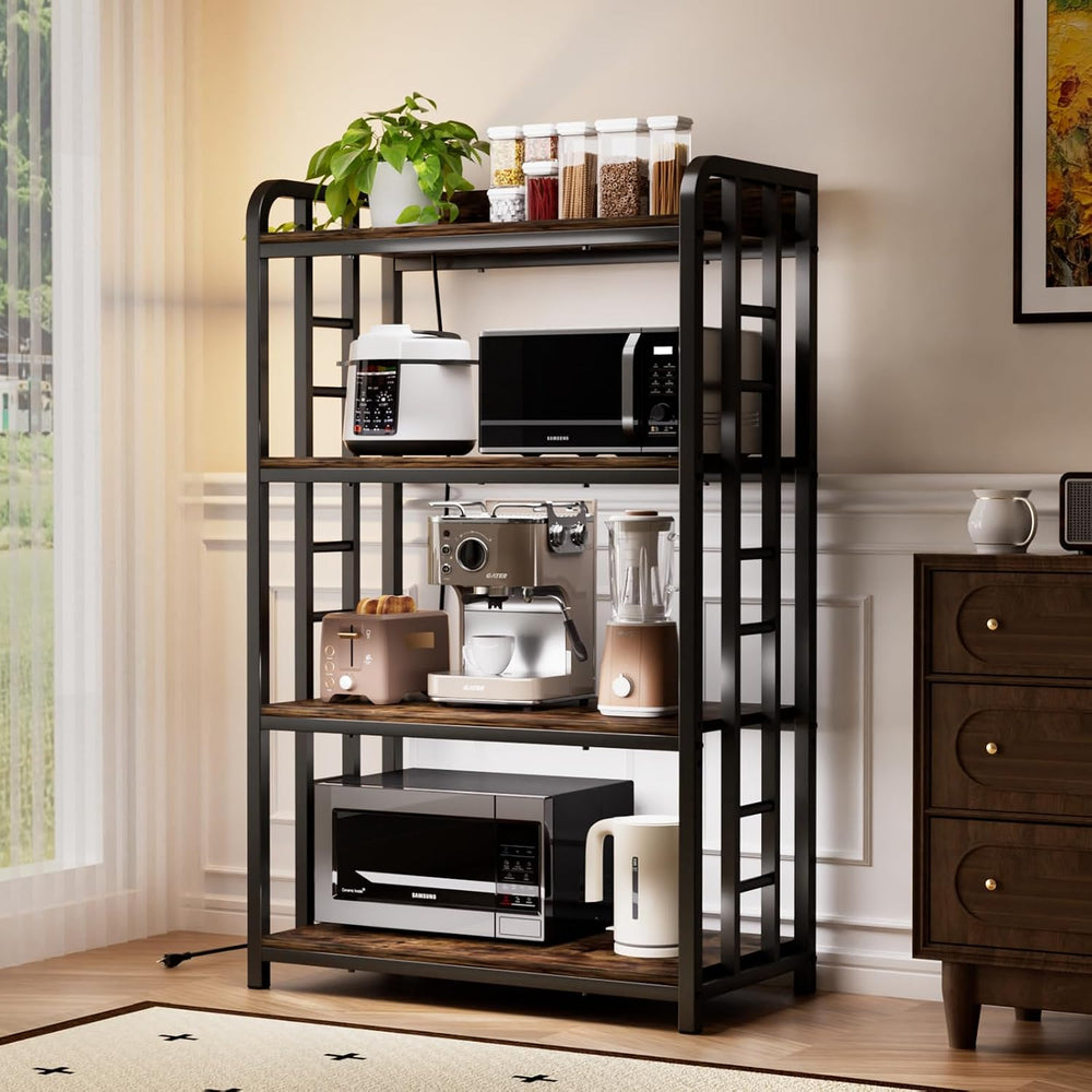 4 Tier Bakers Rack with Storage, Microwave Stand, Rustic Brown