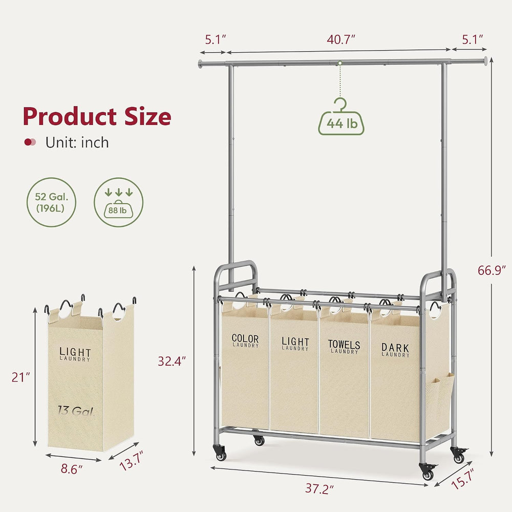 Tajsoon Laundry Hamper with Hanging Rack, Laundry Sorter 4 Sections, Beige