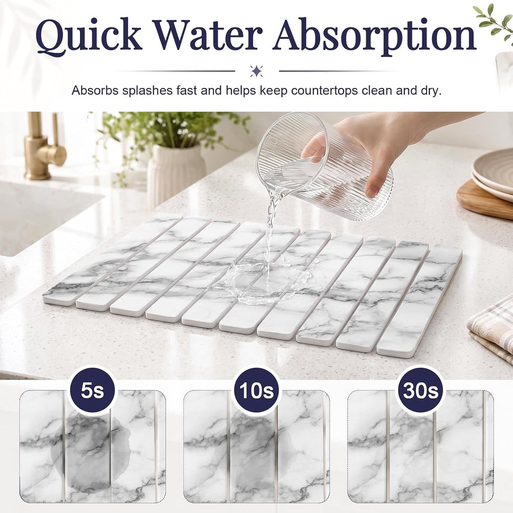 Large Stone Dish Drying Mat Set for Kitchen Counter White Marble