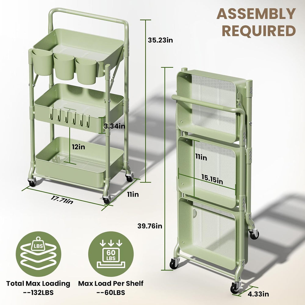 Foldable 3 Tier Rolling Cart, Metal Utility Cart with Wheels