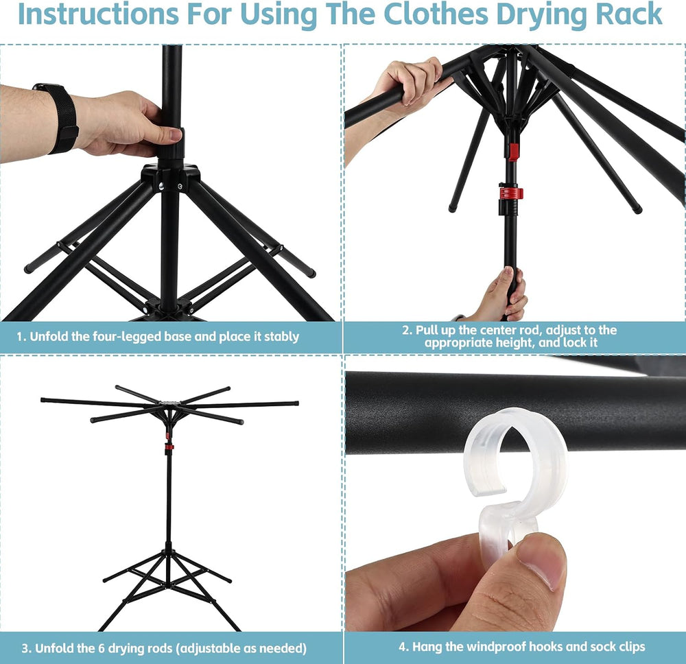 Foldable Clothes Drying Rack, 6 Rod Umbrella Style Height Adjustable Carbon S...