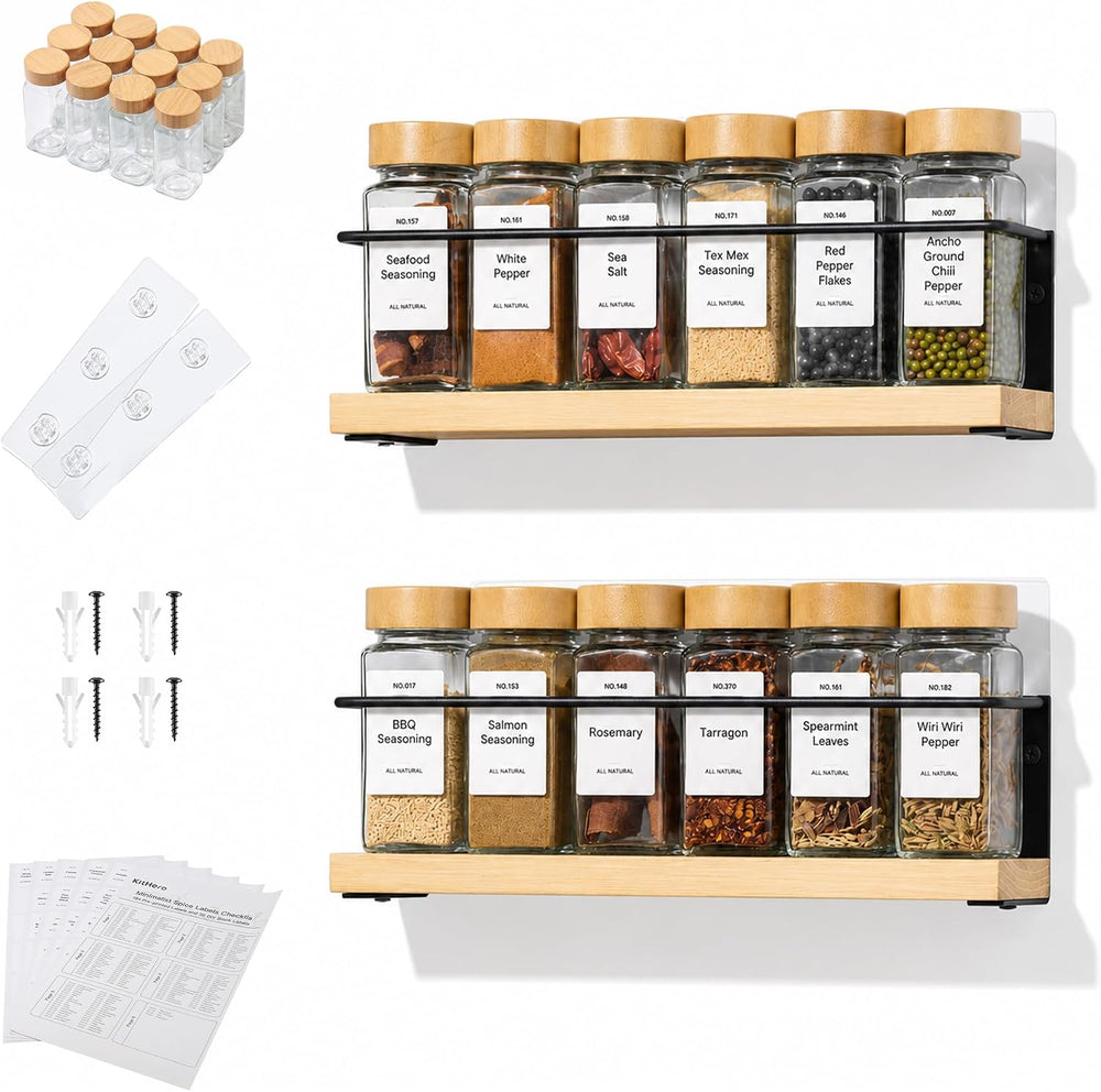 2-Tier Wall Mount Spice Rack Organizer with 12 Glass Jars, Screw/Adhesive Mou...