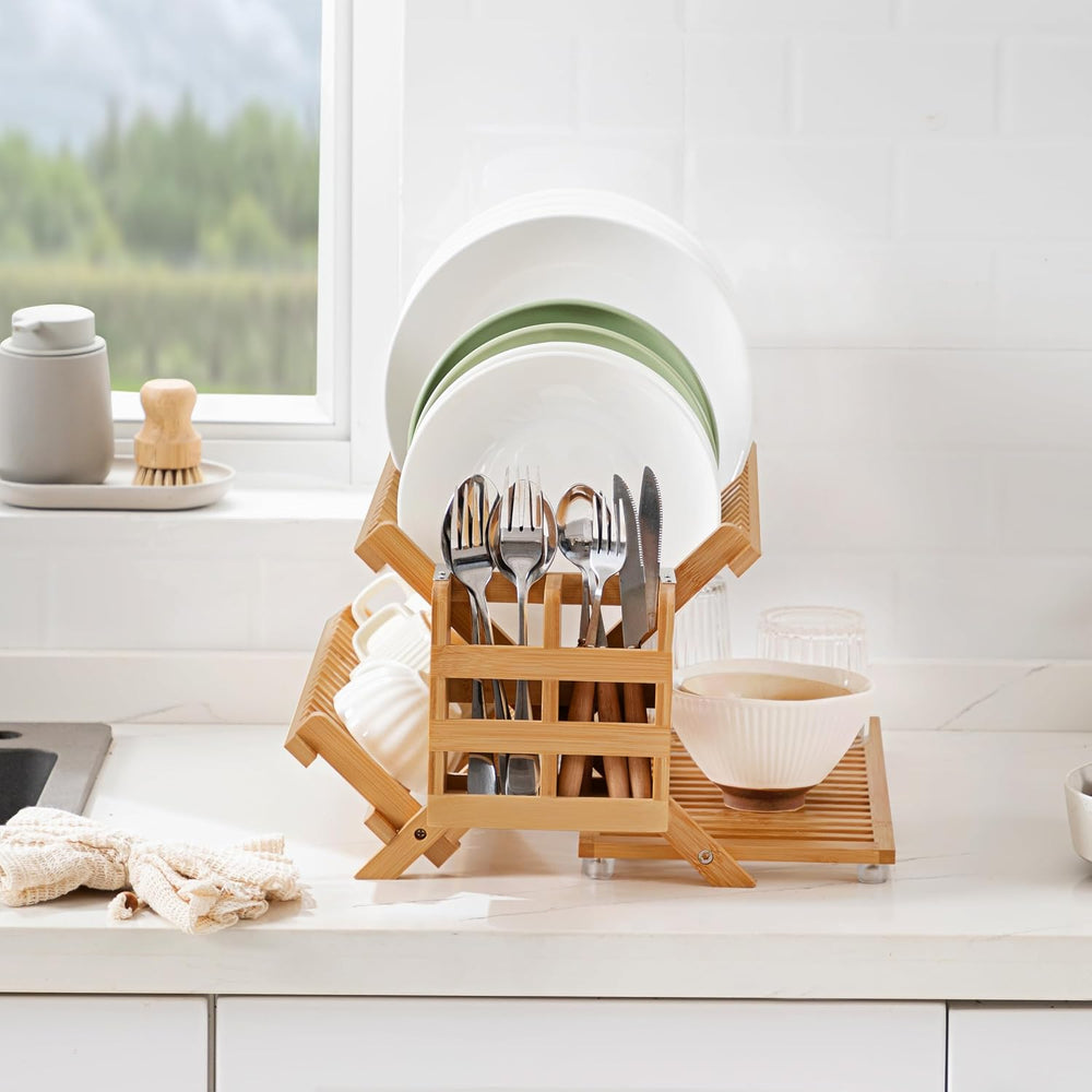 Bamboo 3 Tier Dish Drying Rack with Utensil Holder