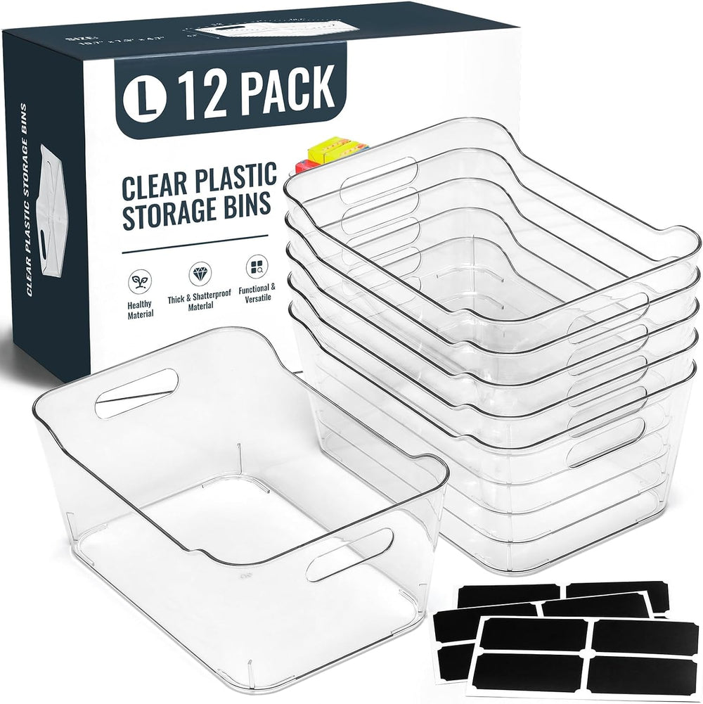12 PACK Multi-Use Clear Plastic Storage Bins for Organizing w/Labels - Home, ...
