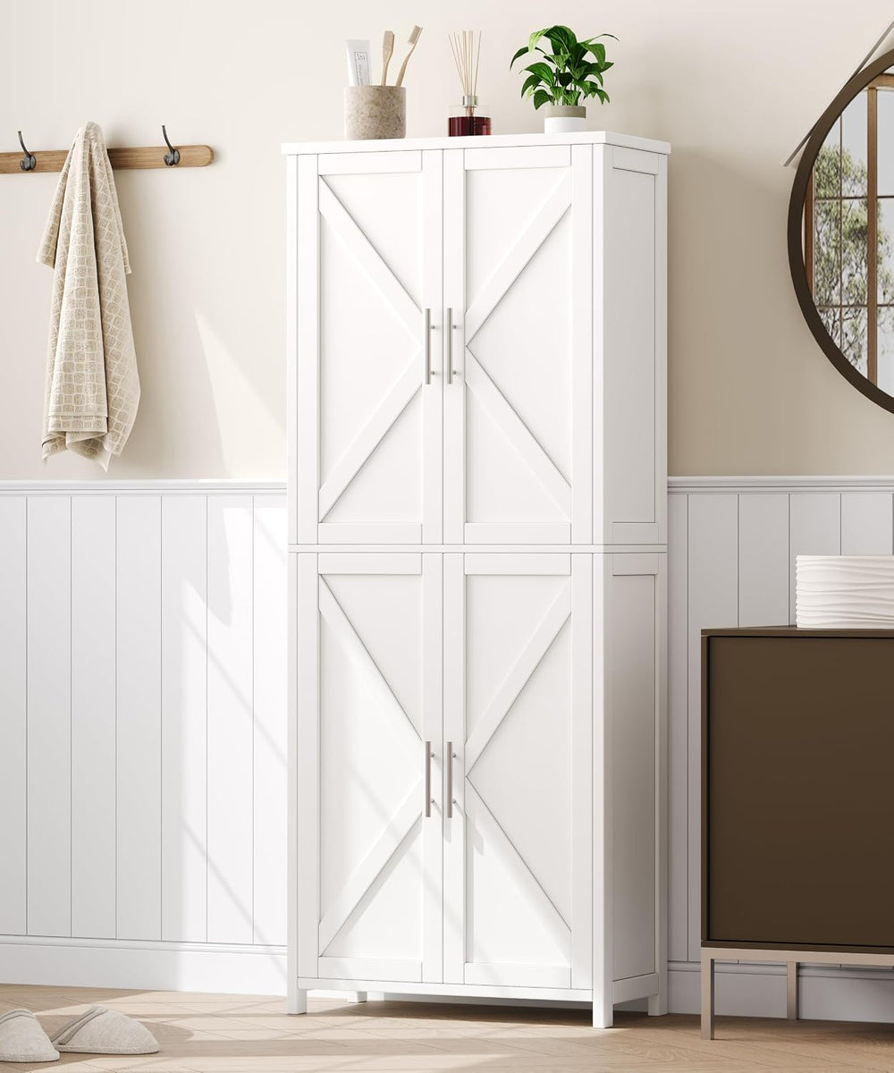 Akxomel 63''H Tall Farmhouse Bathroom Storage Cabinet with 4 Doors White