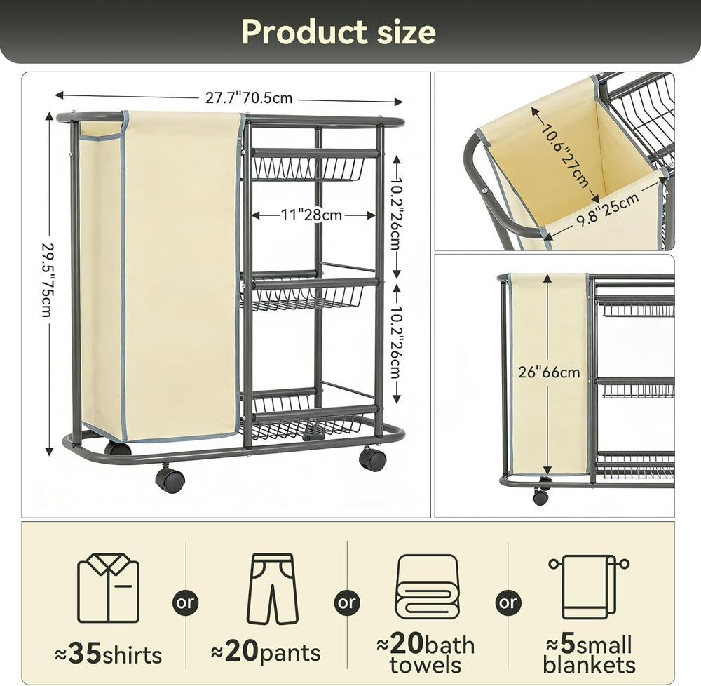 Slim Laundry Cart with Wheels, 3 Tier Rolling Laundry Sorter with 45L Bag