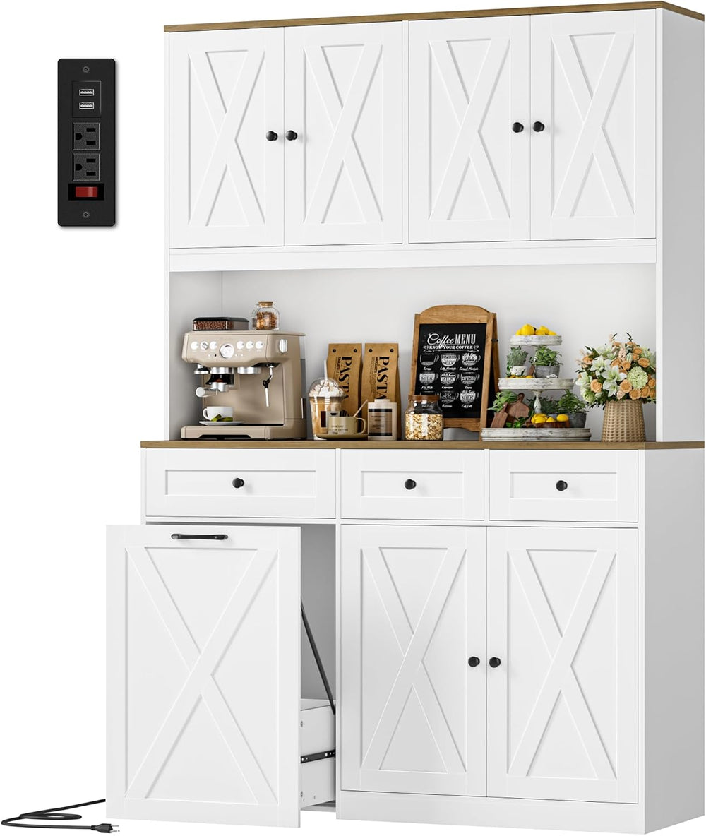 HOSTACK 72" Kitchen Pantry with 13 Gallon Pull Out Trash Can Cabinet, White