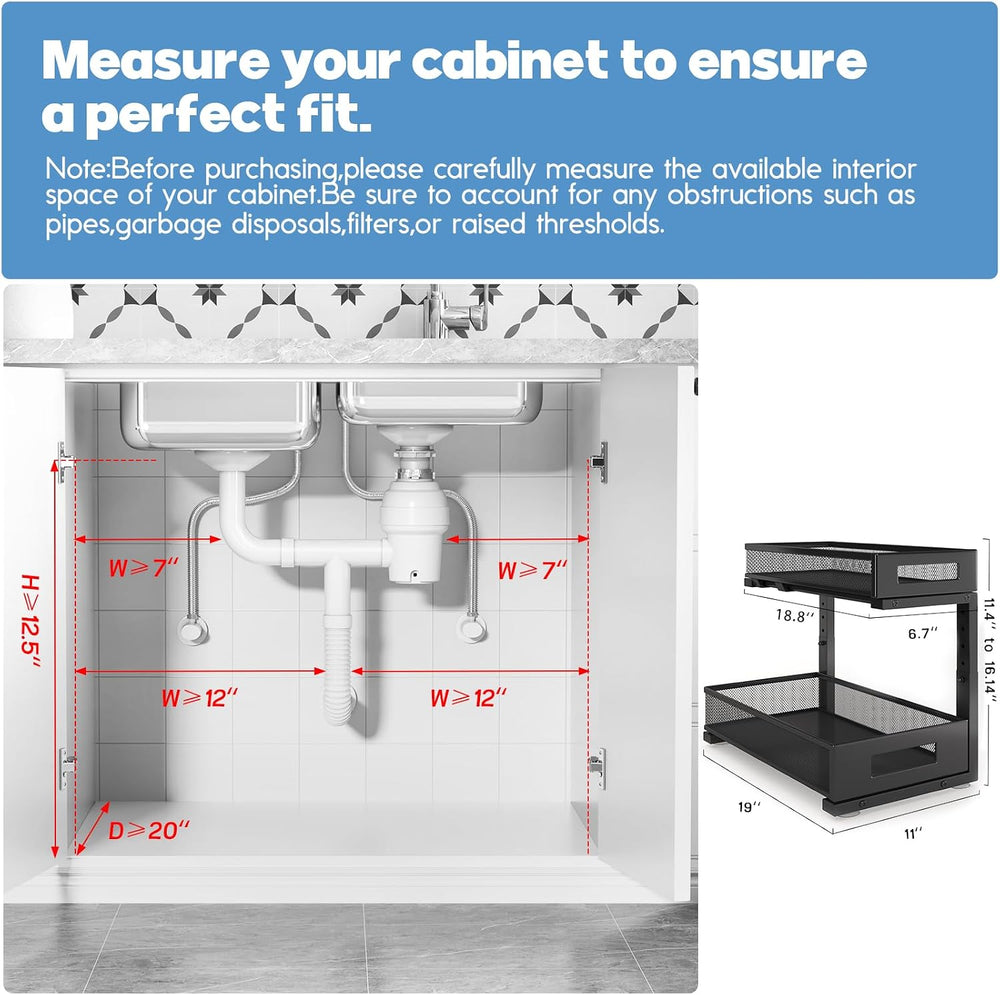 2 Pack 19IN Depth Under Sink Storage Organizer, Large 2-Tier Elegant Mesh Pul...