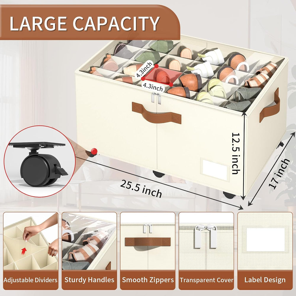 Shoe Organizer for Closet, Shoe Storage with Wheels, Beige