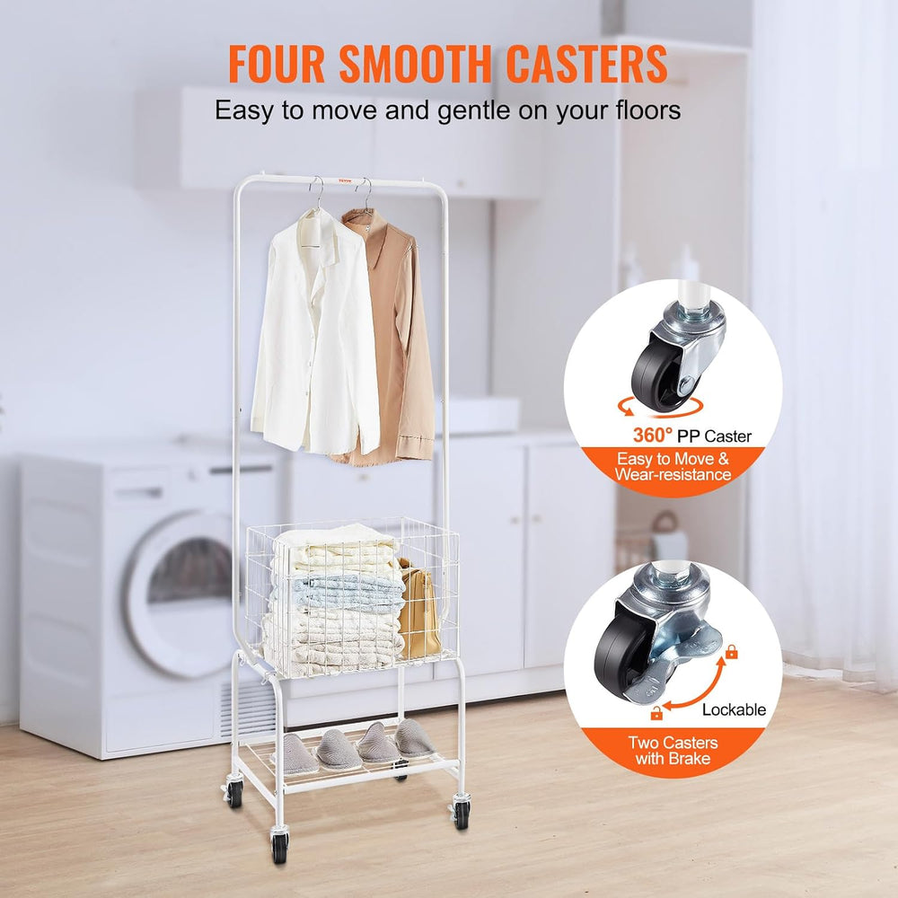 VEVOR Metal Rolling Laundry Basket with Hanging Garment Rack, Laundry Hamper ...