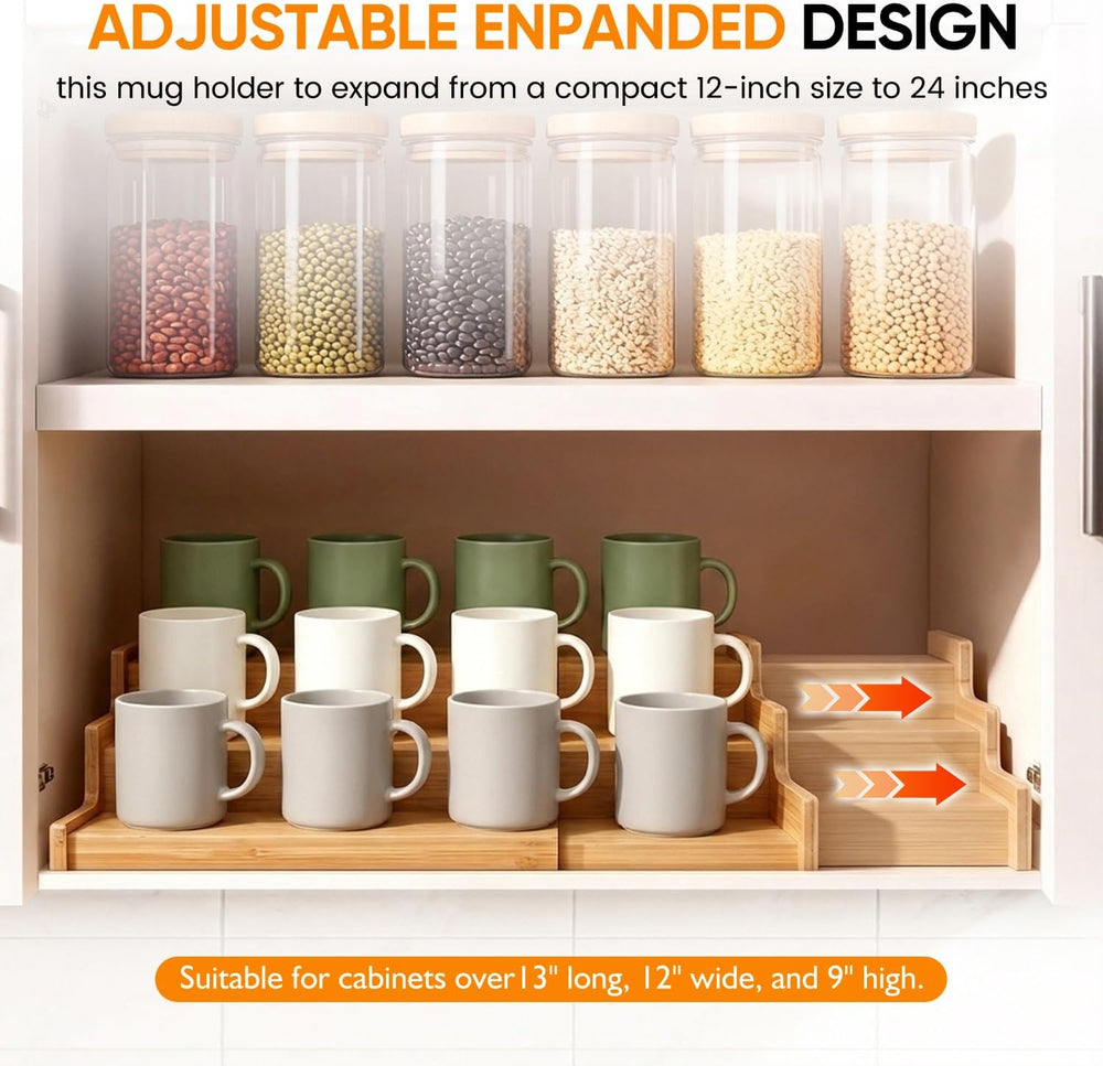 3-Tier Expandable Bamboo Mug Holder, Countertop Coffee Cup Rack, Mug Organize...