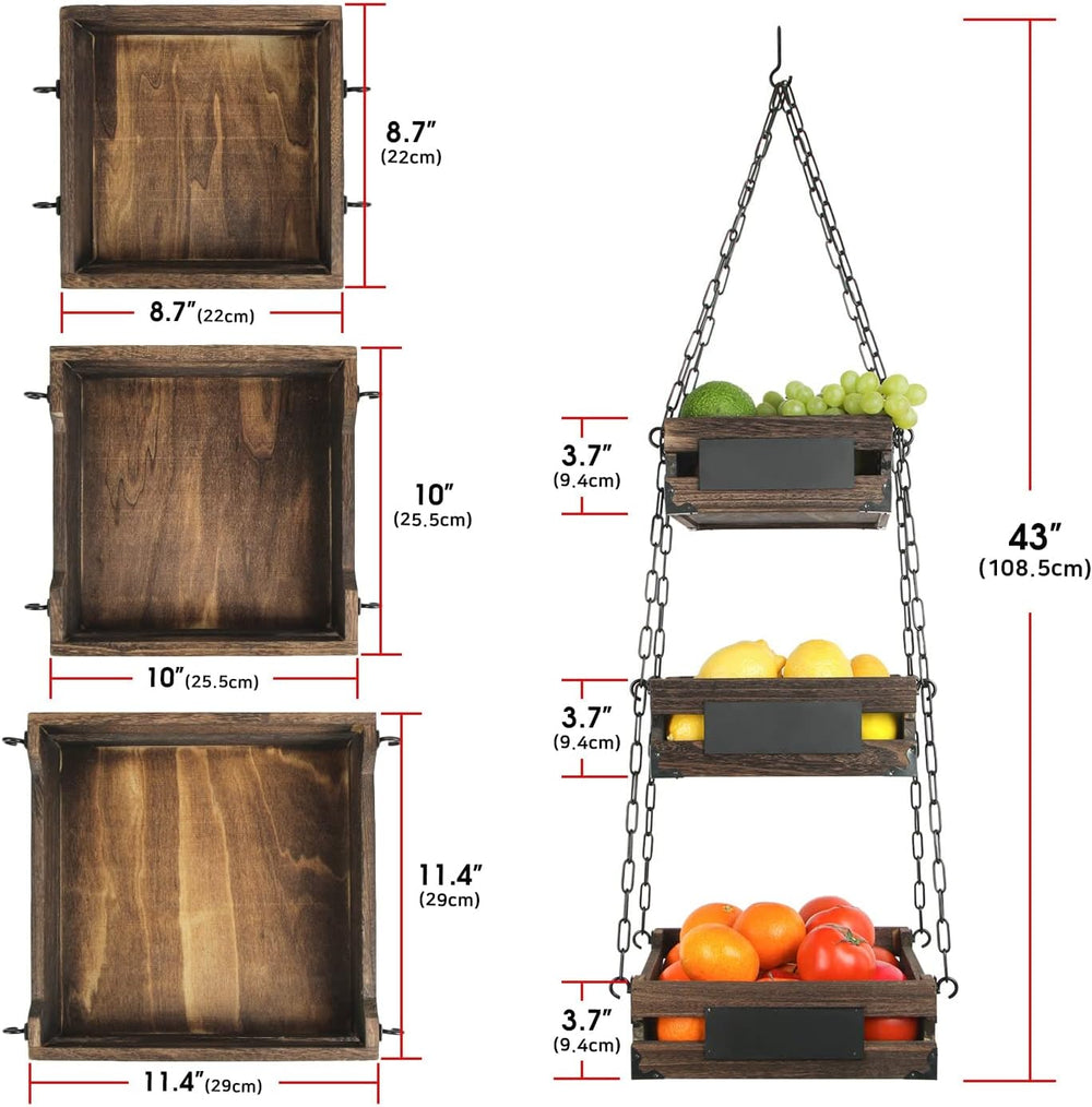 J JACKCUBE DESIGN 3-Tier Rustic Wood Hanging Fruit Basket, Kitchen Fruit, Veg...