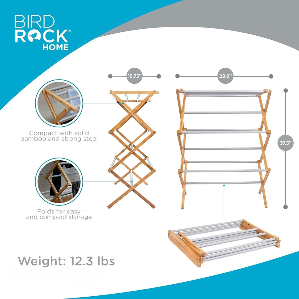 BIRDROCK HOME Wooden Clothes Drying Rack | 3-Tier Foldable Bamboo Laundry Sta...