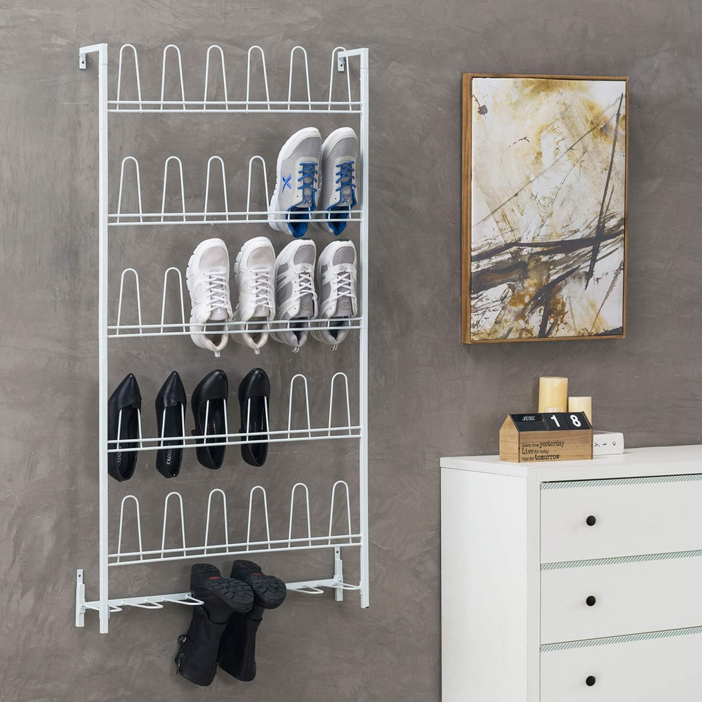 MyGift Matte White Metal Wall Mounted Shoe Rack, Holds 18 Pairs