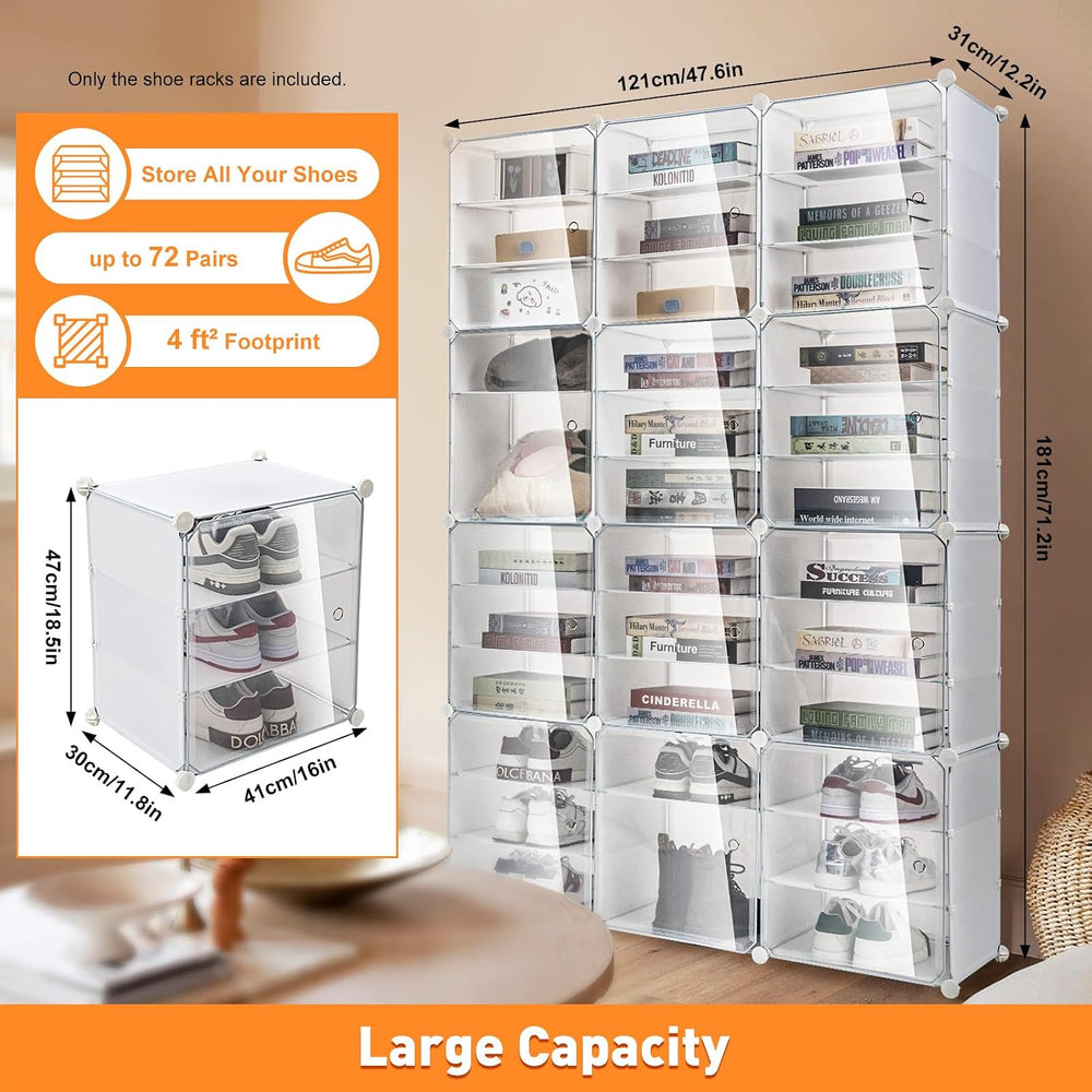 TENNIX 72 Pairs Foldable Shoes Box, 12 Tiers Clear Plastic Stackable Shoe Org...